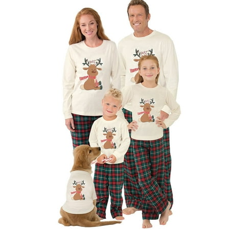 

Diconna Family Matching Pajamas Set For Christmas Cartoon Elk Pattern Tops Plaid Pants Parent-child and dog Sleepwear