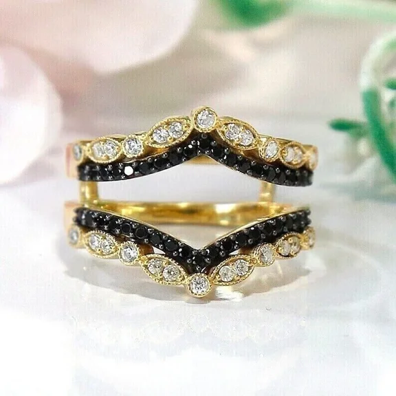 Dazzlingdaimonds Jewels 1.00 Ctw Round Cut Black & White Diamond Wedding Anniversary Engagement Wrap Band Ring 14K Yellow Gold Plated 925 Sterling Silver 925 Sterling Silver -4.5