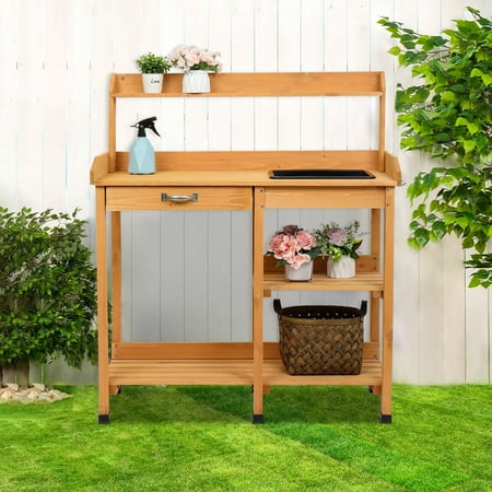 Wooden Garden Workbench with Drawers & Sink, 45" x 17.7" x 47.6", Wood Color