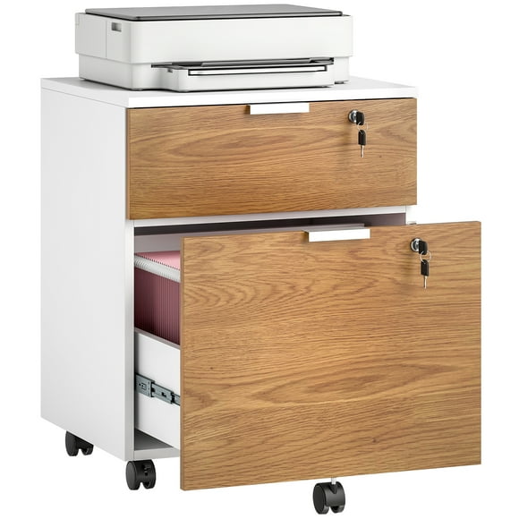 HOMCOM 2 Drawer File Cabinet with Lock Wheels Hanging Bars Nature Wood