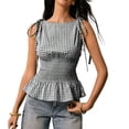thumbnail image 2 of Women's Gingham Peplum Tank Tops Summer Tie Shoulder Sleeveless Cute Y2k Going Out Tops Black L, 2 of 6