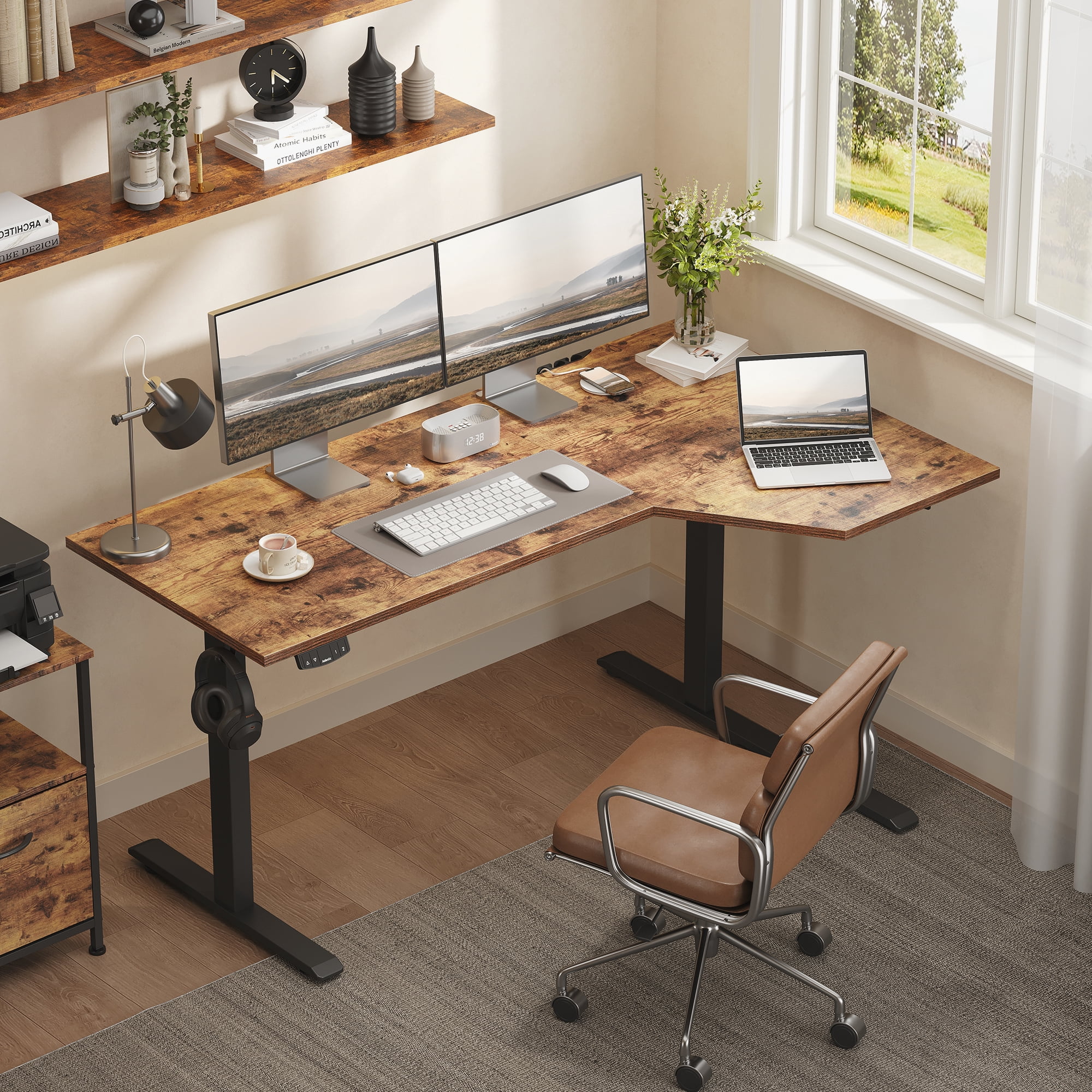 59.1 Inch Electric L-Shaped Height Adjustable Standing Desk, Sit to Stand Corner Desk with Memory Presets and Hooks, Ergonomic Home Office Computer Desk for Workstations, Rustic Brown