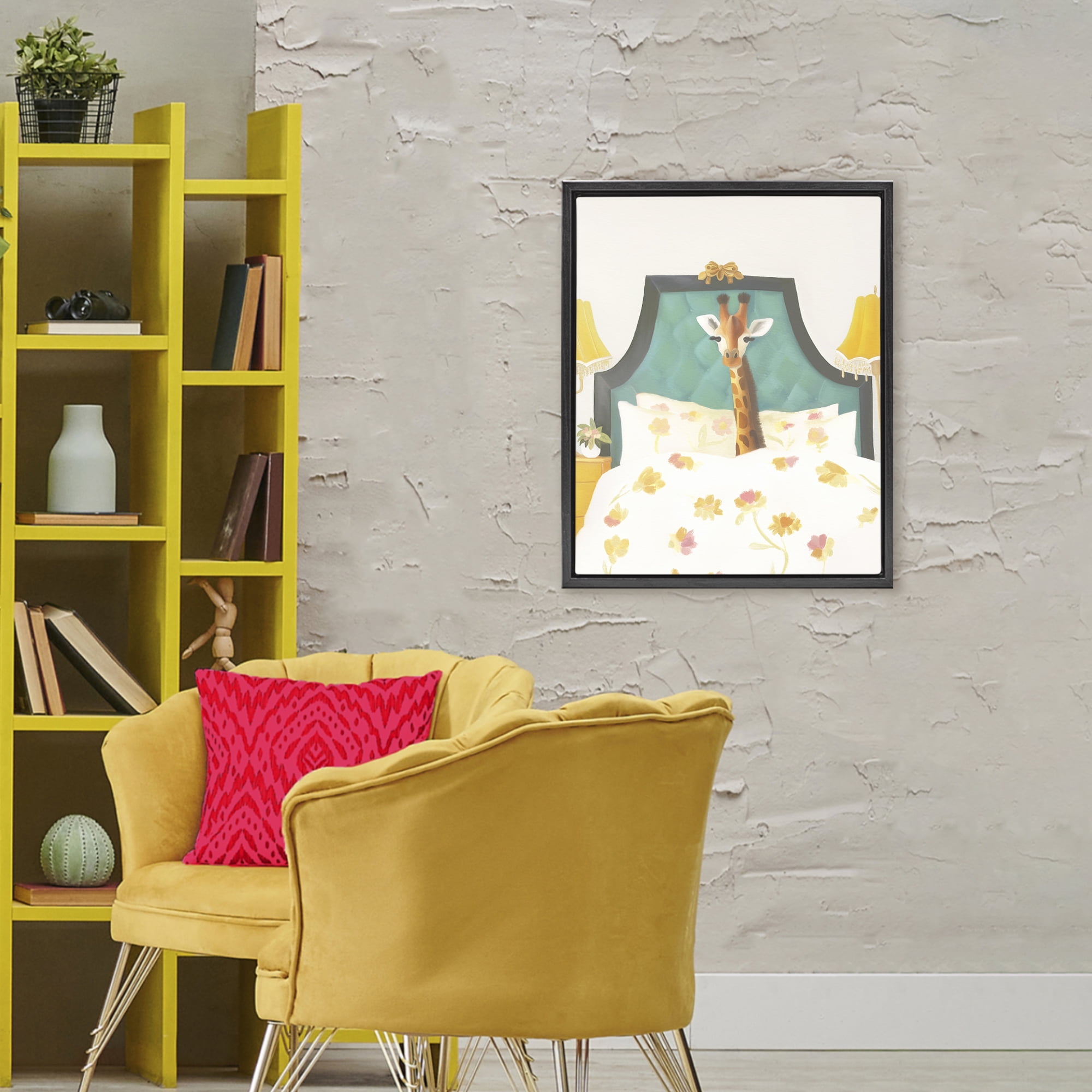 Good Morning Giraffe in Bed Black Framed Floater Canvas Wall Art, design by Leah Straatsma