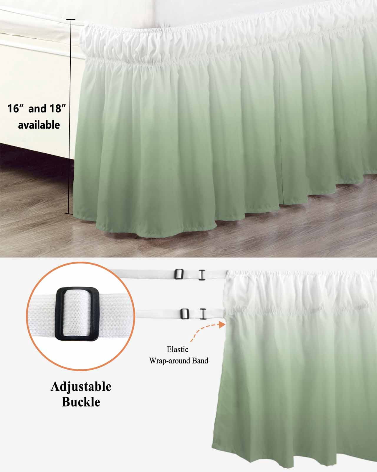 Sage Green Ombre Bed Skirt King Size, Modern Sage Green Abstract Art Wrap Around Bed Skirting with Adjustable Elastic Strap, Dust Ruffle Pleated Bedskirts 16 Inch Drop for Bedroom King Beds