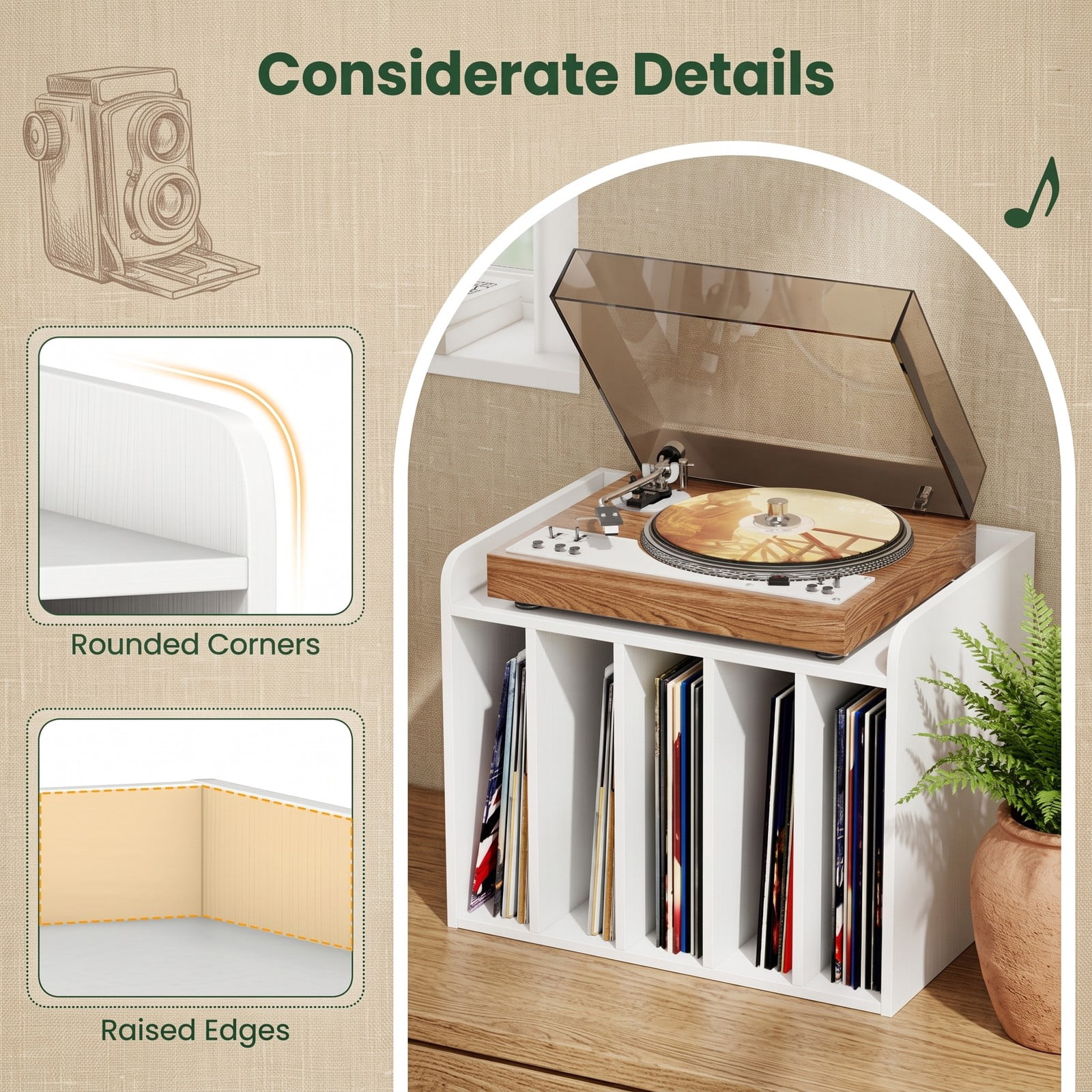 Furnibear Record Player Stand, Turntable Stand with Drawer and 5-Slot Vinyl Record Holder, Wood Media TV Stand Side Table with Rolling Lockable Wheels for, White