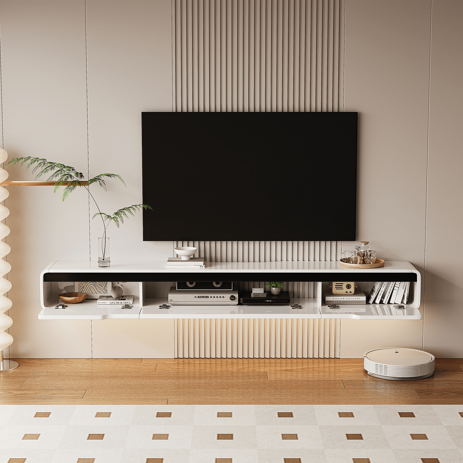FloatiCasa 47-Inch High Gloss Floating TV Stand Wall-Mounted Entertainment Center for TVs up to 50" Modern Minimalist Floating TV Shelf