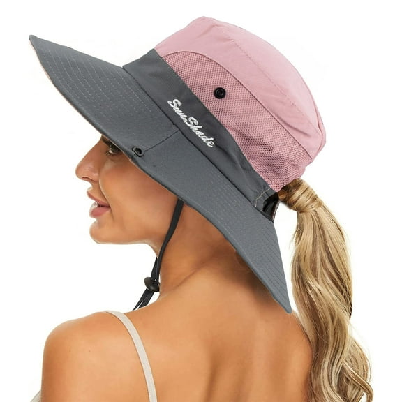 Women's Outdoor UV-Protection-Foldable Sun-Hats Mesh Wide-Brim Beach Fishing Hat with Ponytail-Hole