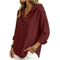 thumbnail image 3 of Women's Long Sleeve Hooded Shirt Tunic Tops Textured Drawstring Hood Half Button Placket Loose Daily Shirts Red L, 3 of 5