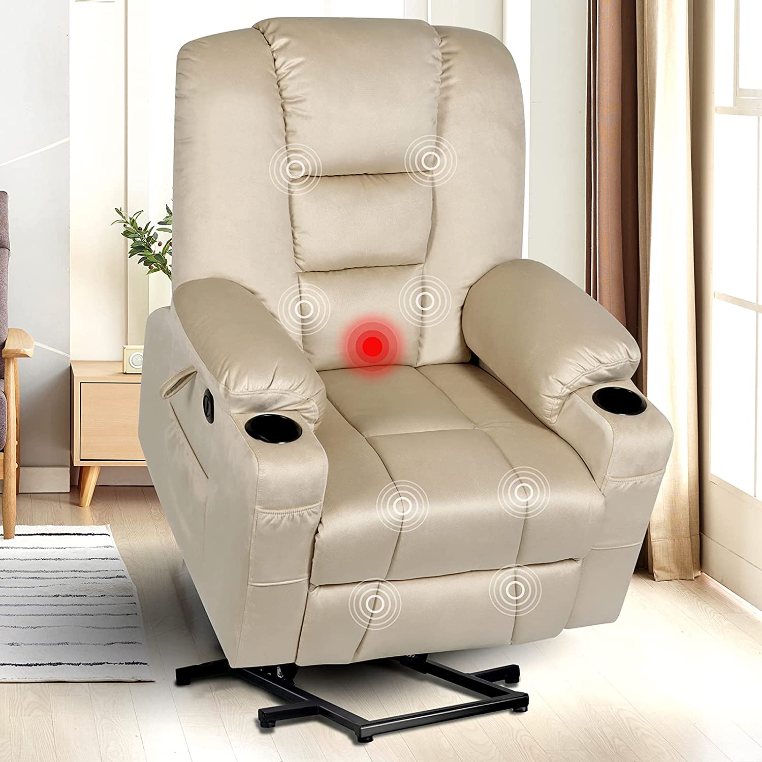 Electric Power Fabric Padded Lift Massage Chair Recliner Sofa-Beige