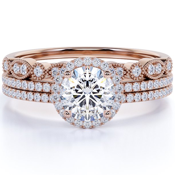 JeenMata Anillo de Bodas de Tres Diamantes y Moissanita de Corte Redondo Clásico de 1,5 Quilates Engastado en Oro Rosa de 10 K