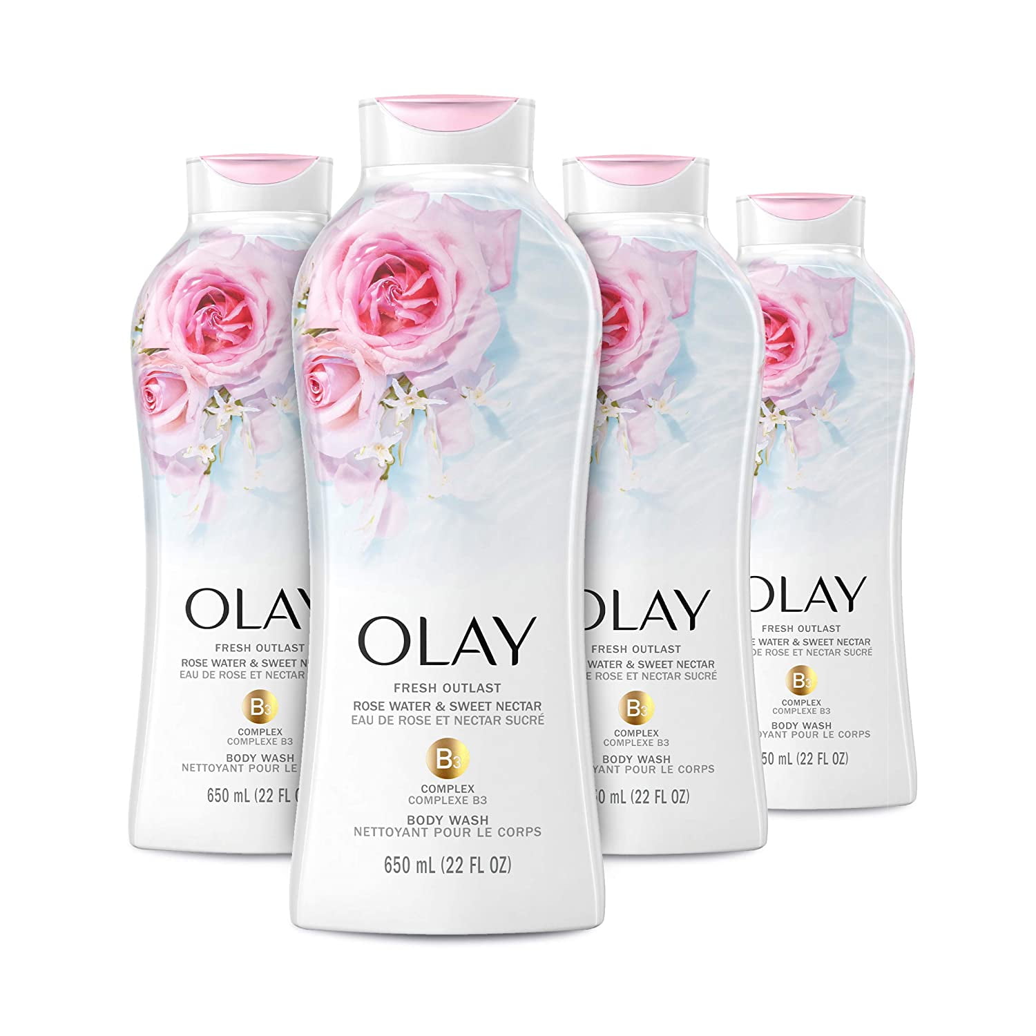 Olay Fresh Outlast Body Wash with B3, Rose Water and Sweet Nectar, 22 Fl Oz (Pack of 4