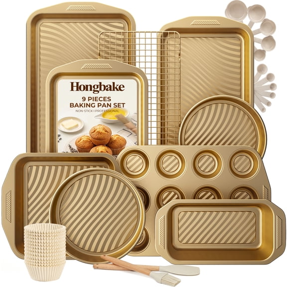 HONGBAKE 34-Piece Non Stick Bakeware Sets with Wave Texture for Reduced Grease, 0.8mm Thick Non Toxic Baking Pans Set, Includes Stackable Cookie Sheets for Oven, Gold