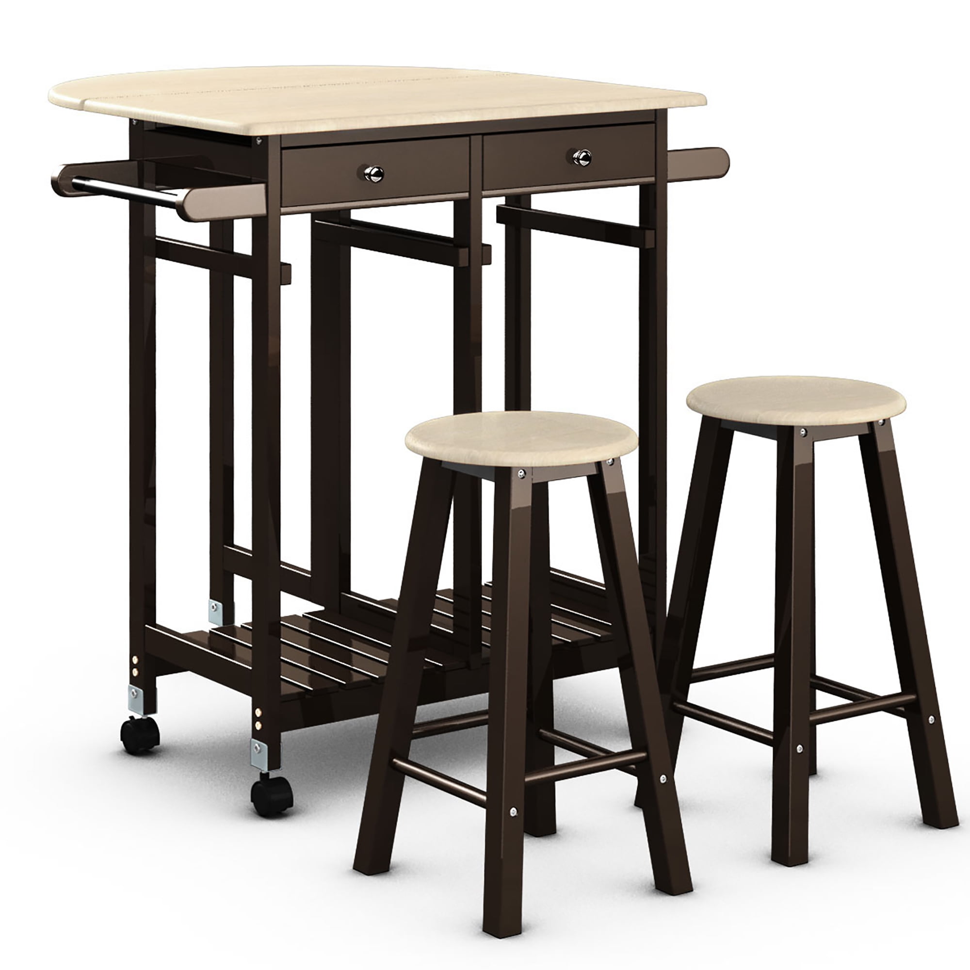 Costway 3pc Wood Kitchen Island Rolling Cart Set Dinning Drop Leaf Table W 2 Stools Walmartcom Walmartcom