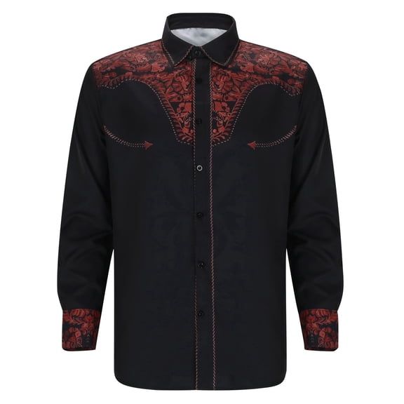 VNKIDY Boys Kids Western Style Floral Print Shirt Long Sleeve Button Down Color Block Cowboy Shirt For Casual Holiday Party Wear Red 8-9 Years