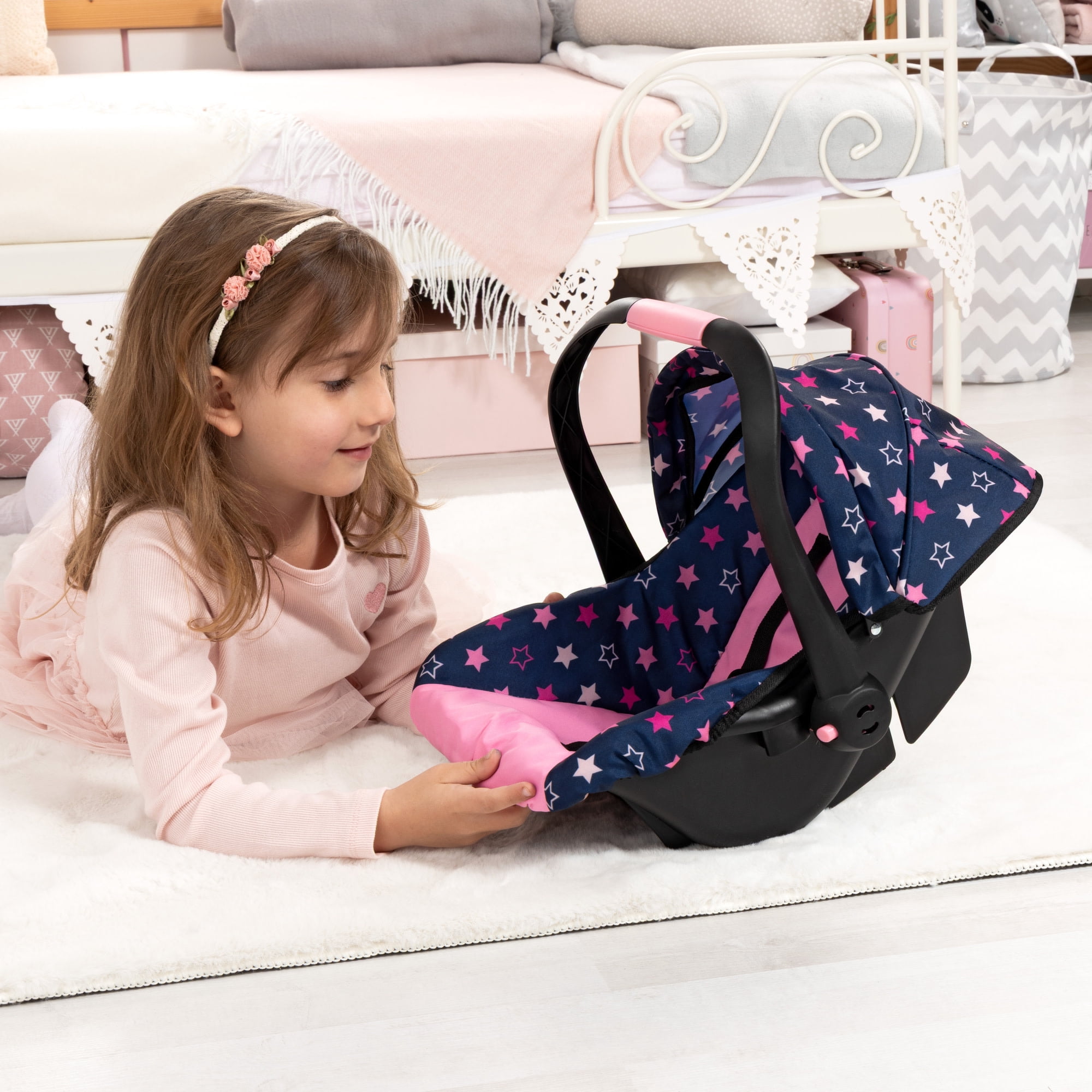 Bayer Design: Doll Deluxe Car Seat - Navy-Pink-Star - Portable Travel Carrier For Dolls Up To 18", Sunshade & Carry Handle, Use As Rocker, Kids 3+