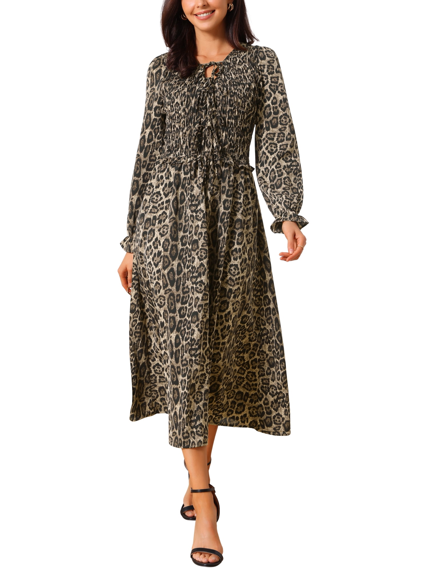 DARING DIVA Women's Leopard Print Long Sleeve Ruffle Tie Dress S Brown