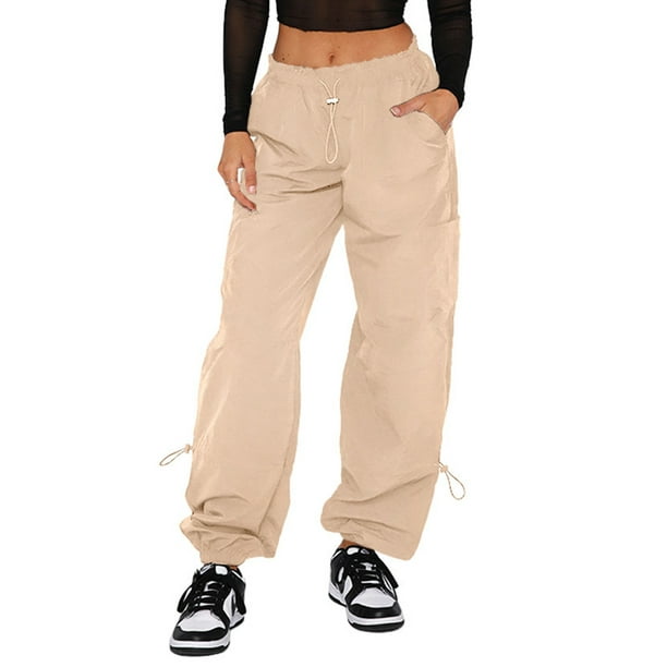 MAWCLOS Women Parachute Pant Straight Leg Trousers Mid Waisted Cargo Pants  Relax Fit Sports Solid Color Bottoms Khaki 3XL 