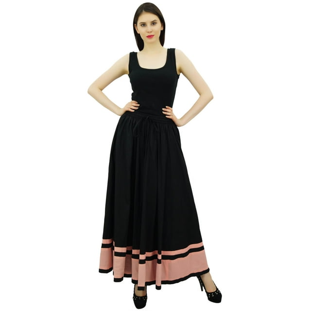 Bimba Jupe Longue Maxi pour Femmes avec Bordure Contrastée Jupe Boho avec Taille Élastique