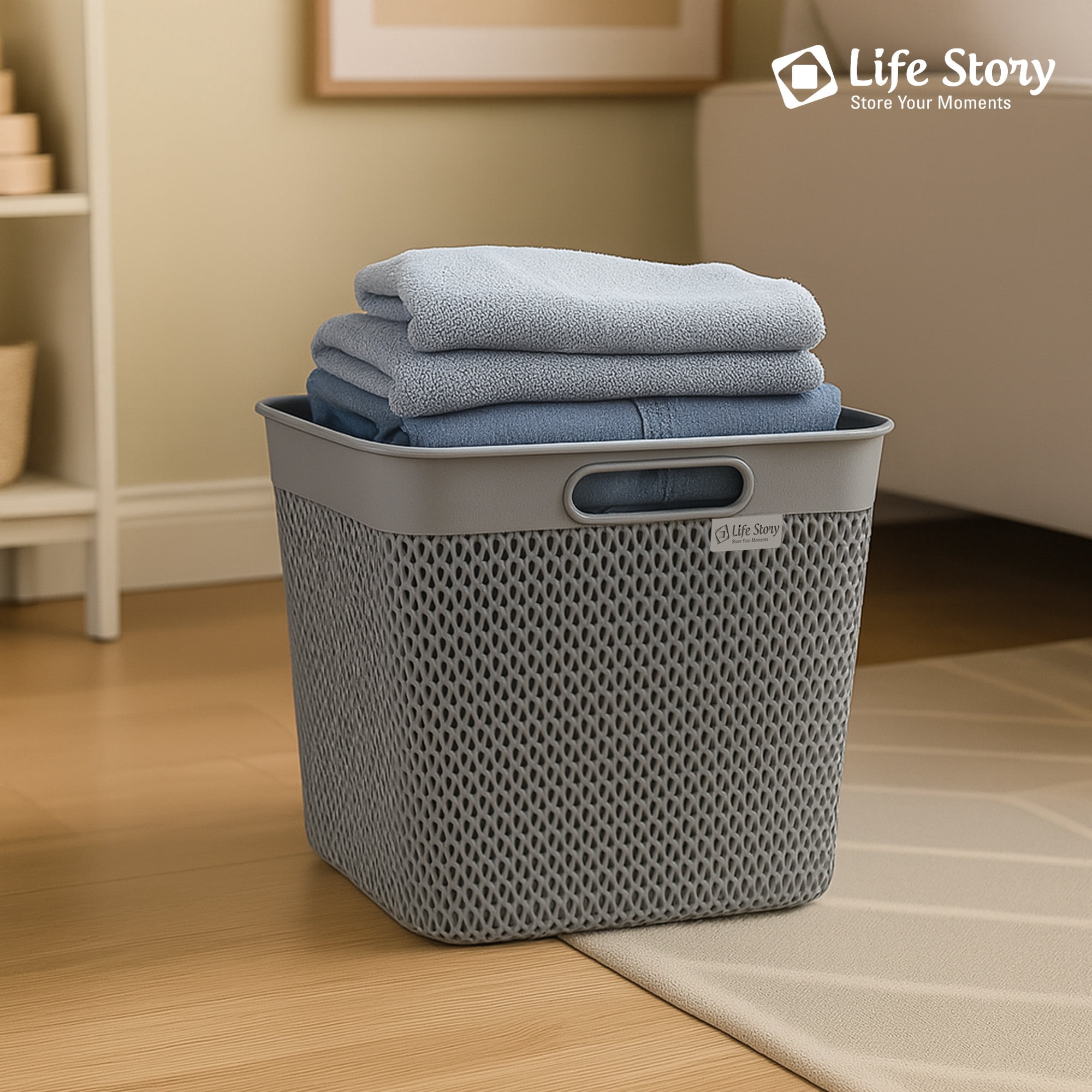 Life Story 26 Quart Decorative Storage Basket, Extra Large Plastic Home Organizer, Gray