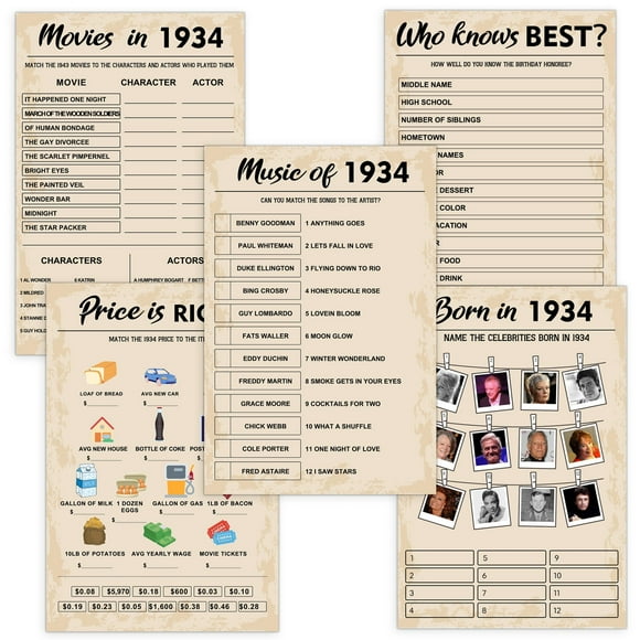 Nostalgic 90th Birthday Celebration Games Bundle, Featuring 5 Engaging Activities for 10 Guests, Perfect for Adults, Includes 50 Fun Cards for Memorable Moments
