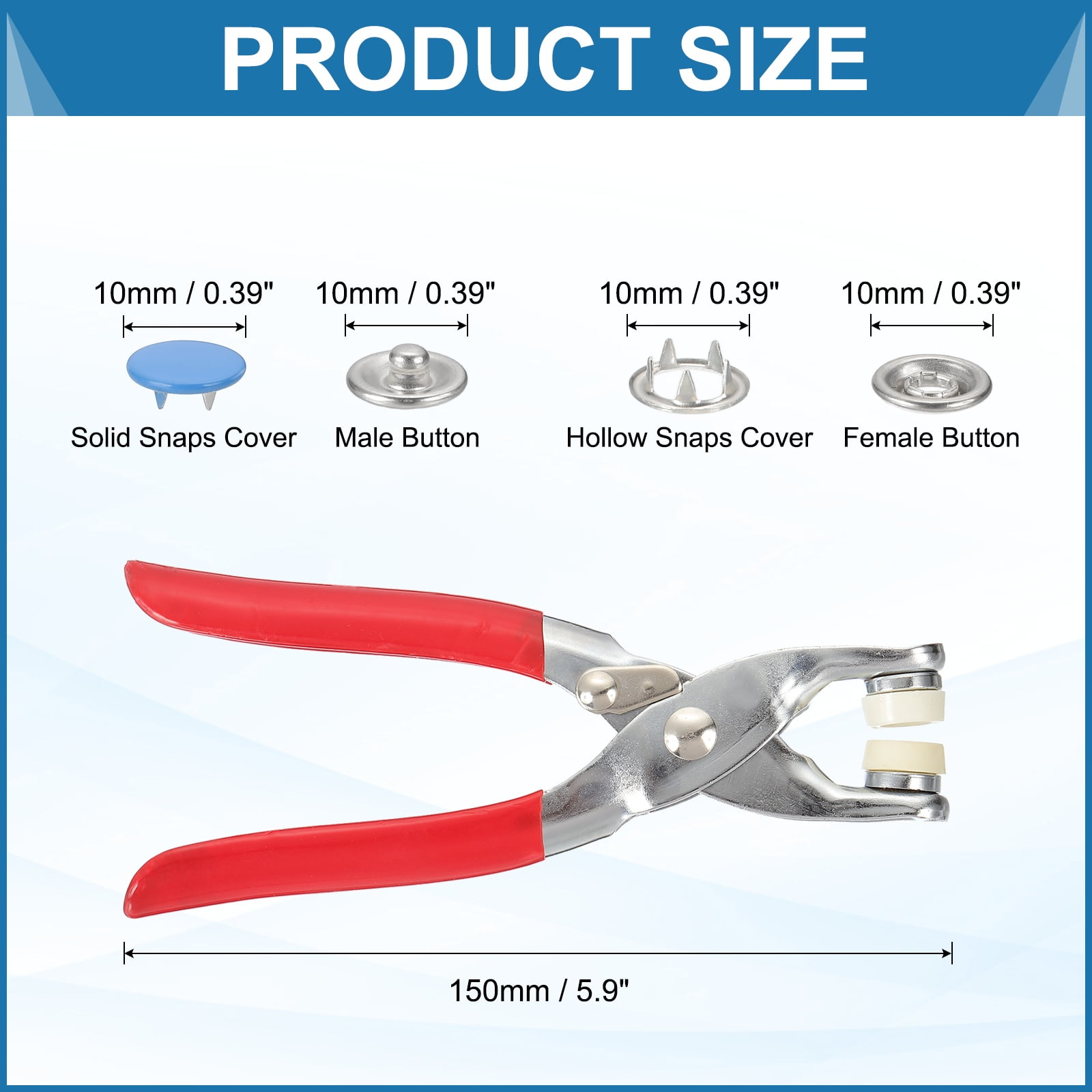 Uxcell 200Set Metal Snap Button Kit 10mm Solid Prong Snap Buttons with Fastener Pliers for Sewing Fabric Leather Clothing Rain Coat Diapers Bibs Crafting, Light Blue