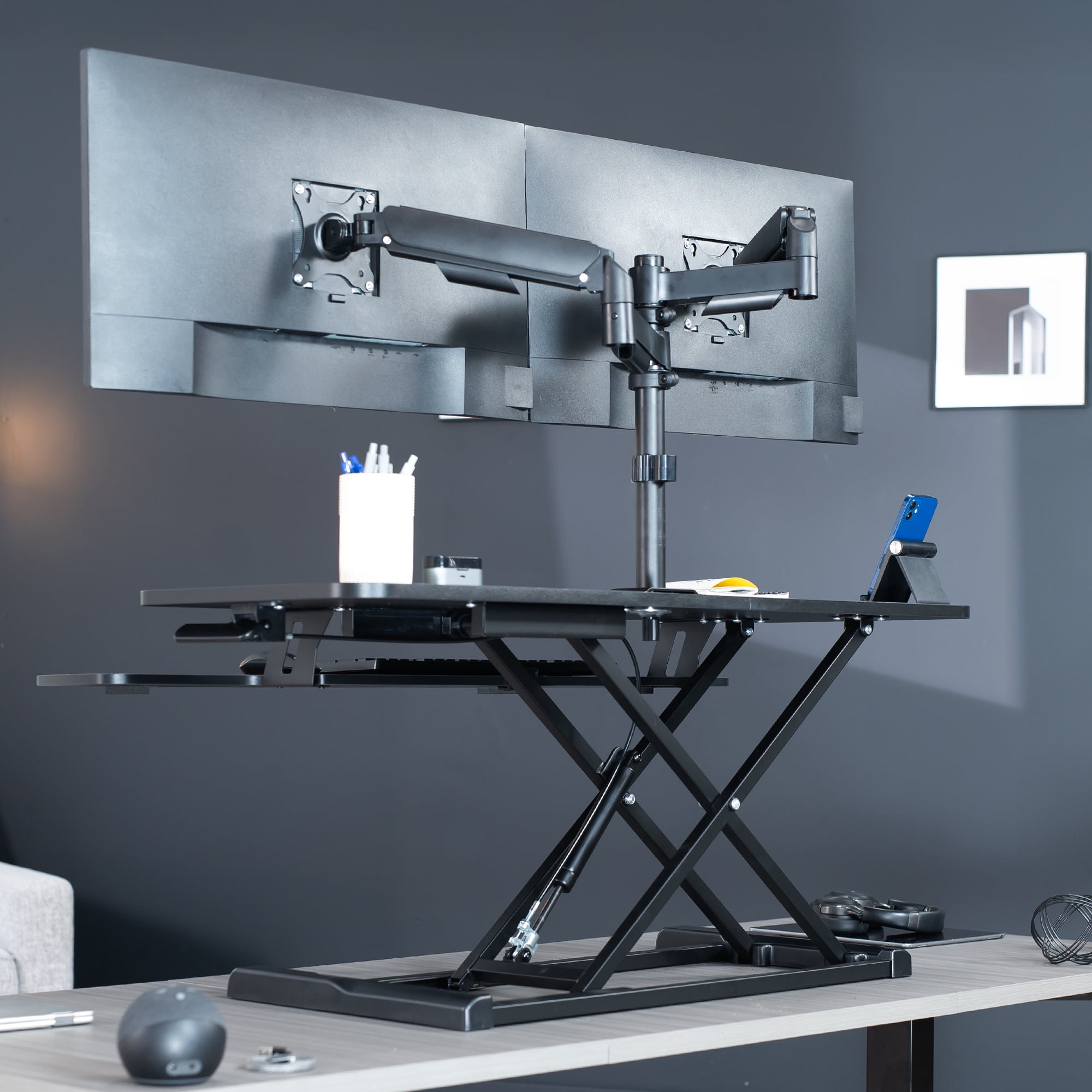 VIVO Black 42" Standing Desk Riser with Dual Monitor Arm for up to 32" Screens