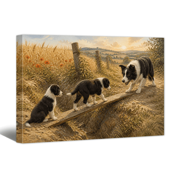 Dog Family Hang Out Canvas Wall Art Parent Accompany Baby Picture Print, Rustic Warm and Cozy Artwork Safari Animal Painting for Nursery, Home, Living room Wall Decor