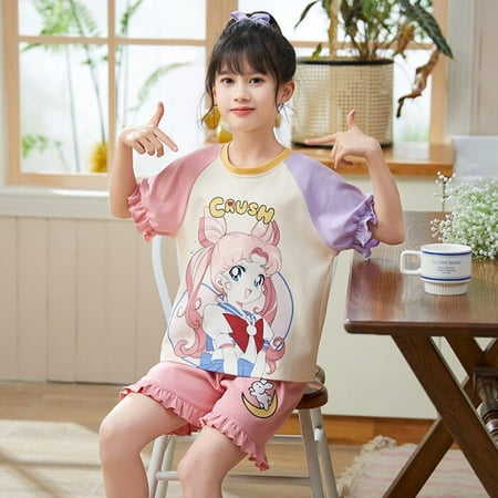 

Sanrios Girl Summer Cotton Pajama Set Cartoon Kuromi Hellokittys Short Sleeved Shorts Home Clothe Cute Parent-child Clothing