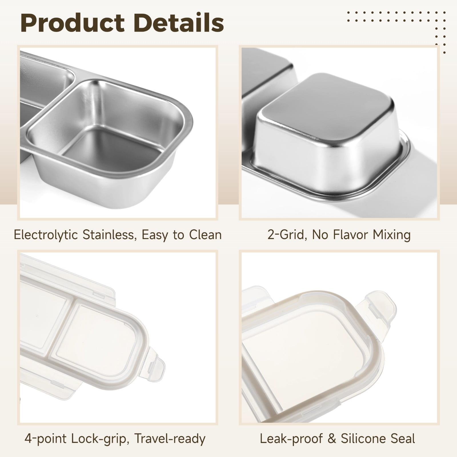 4 Pcs Stainless Steel Bento Boxes, 2-Compartment 23.7 fl oz Snack Containers with Leakproof Silicone Seals, Stackable Meal Prep Food Storage Box for Adults & Youngsters