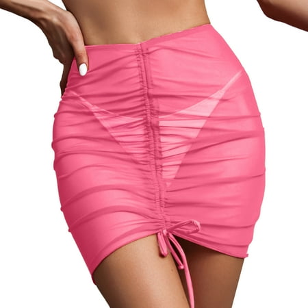 Swimsuit Coverup for Women Drawstring Ruched Sheer Swim Skirt Beach Mesh Bathing Suit Cover Ups Sexy Bikini Cover Up Pink L