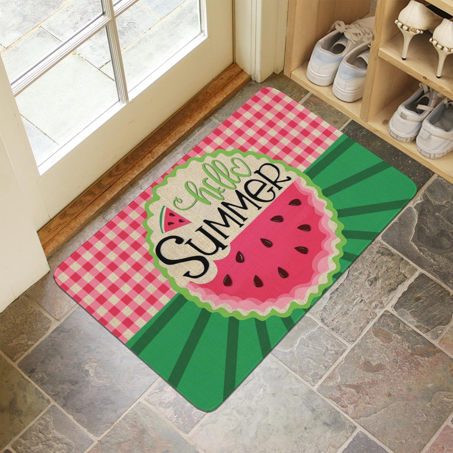 Hello Sunshine Door Mat 30 X 17 Inch Funny Summer Watermelon Door Mat Indoor Outdoor Entrance Floor Mat Non Slip Summer Decor Rubber Welcome Mats