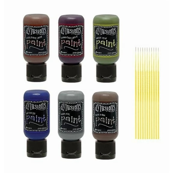 Dylusions Paint Bundle - 6 Flip Cap Art Journal Ready Waterproof Blendable Dylusions Paints with Trebbies Detail Sticks