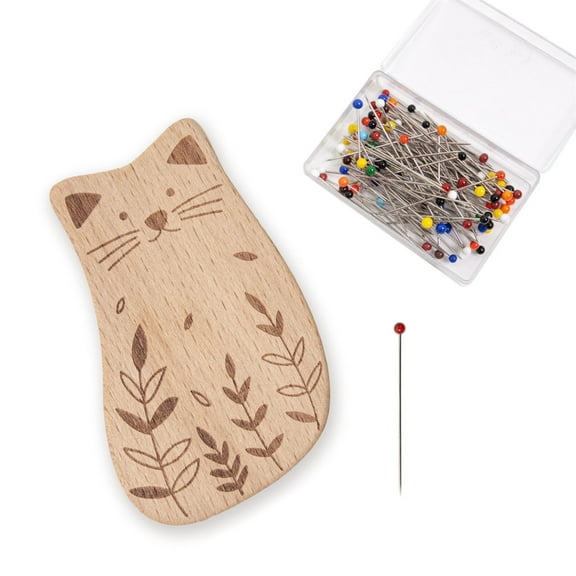 Magnetic Wood Pin Cushion with 100Pcs Sewing Pin for Dressmaking Sewing 38mm Quilting Positioning Pin with Pin Holder