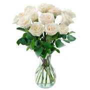 Arabella Bouquets Farm Direct Bouquet of 12  Fresh Cut White Roses with Free Elegant Hand-Blown Glass Vase