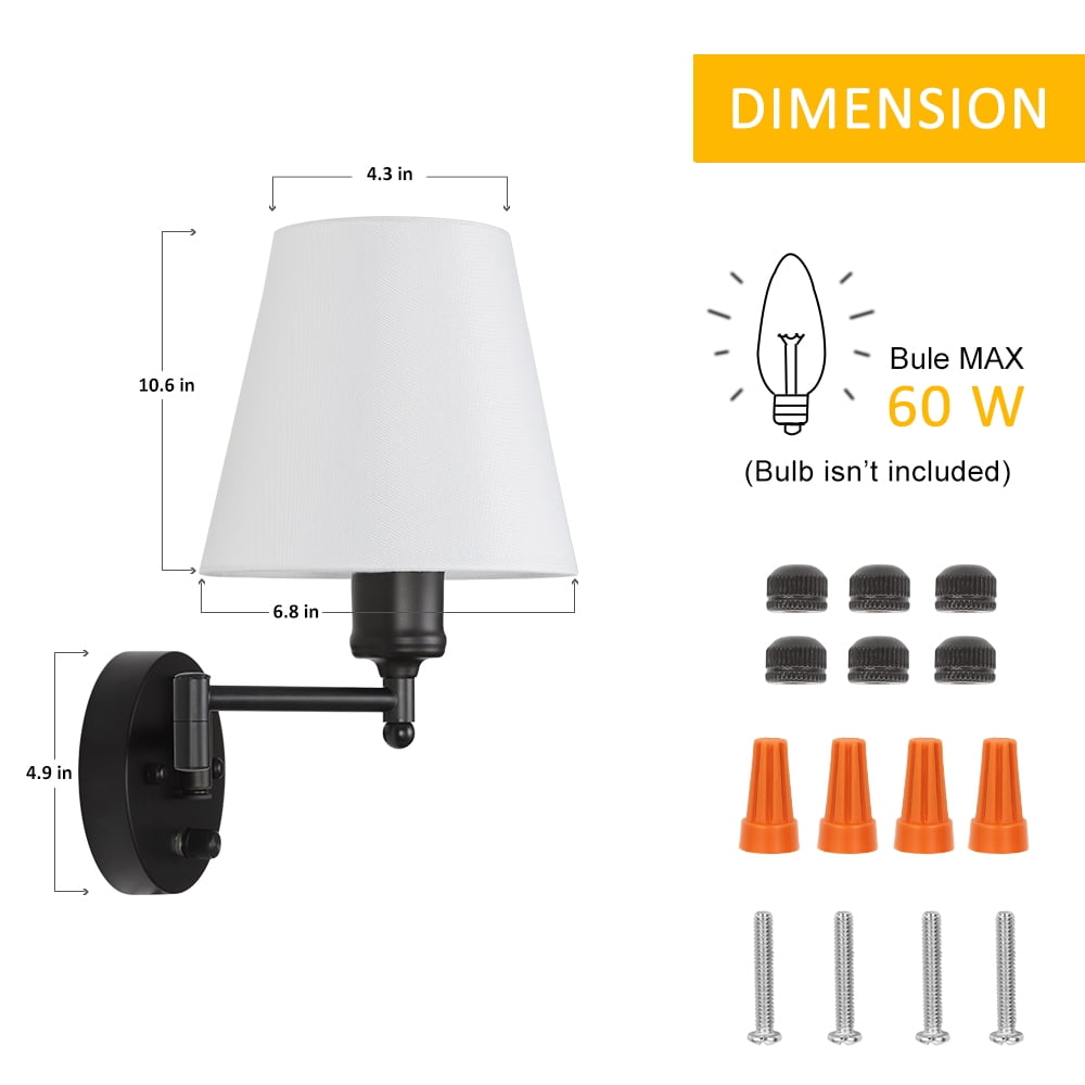 Adjustable Swing Arm Sconces 2 Pack Wall Lamps with White Shade & Black Metal (Bulbs Not Included)