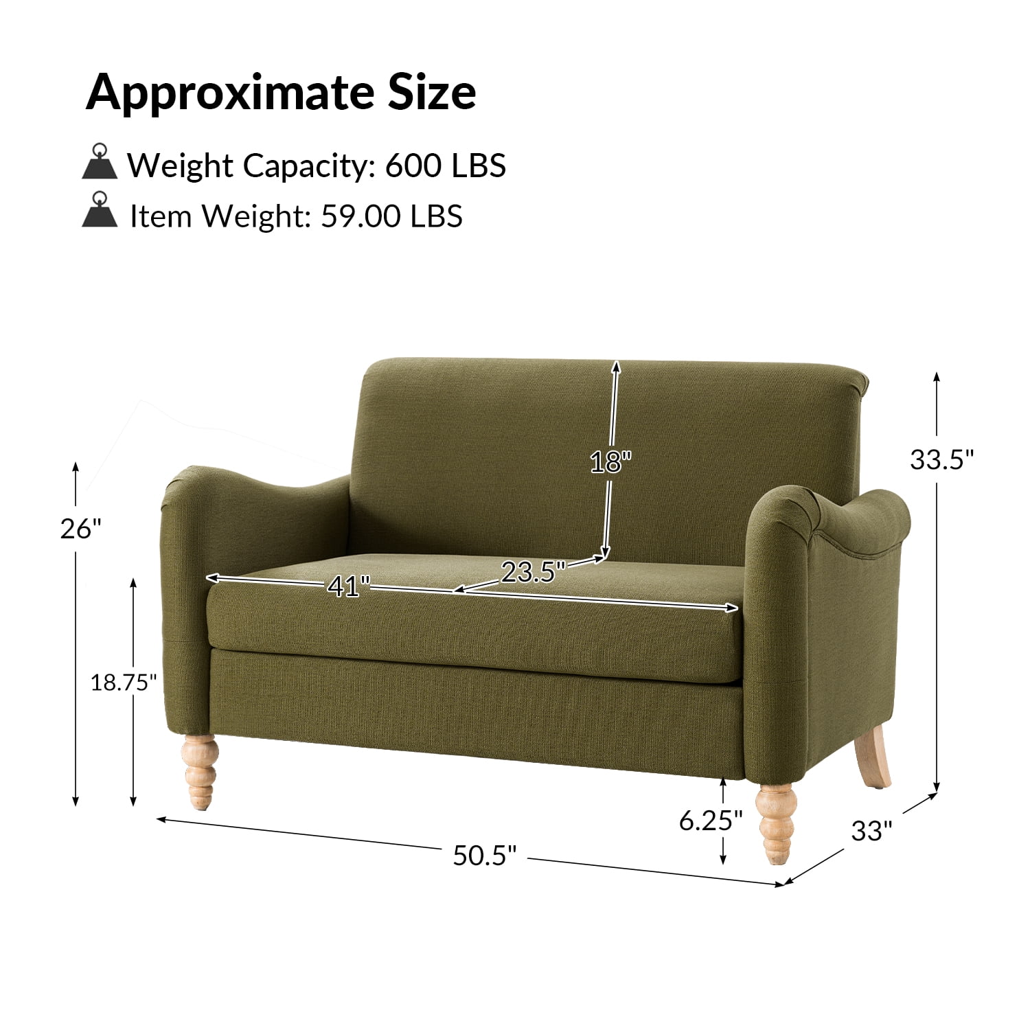 Tina's Home 50" Farmhouse Loveseat Sofa with Slope Arms and Solid Wood Bobbin Legs for Living Room, Moss