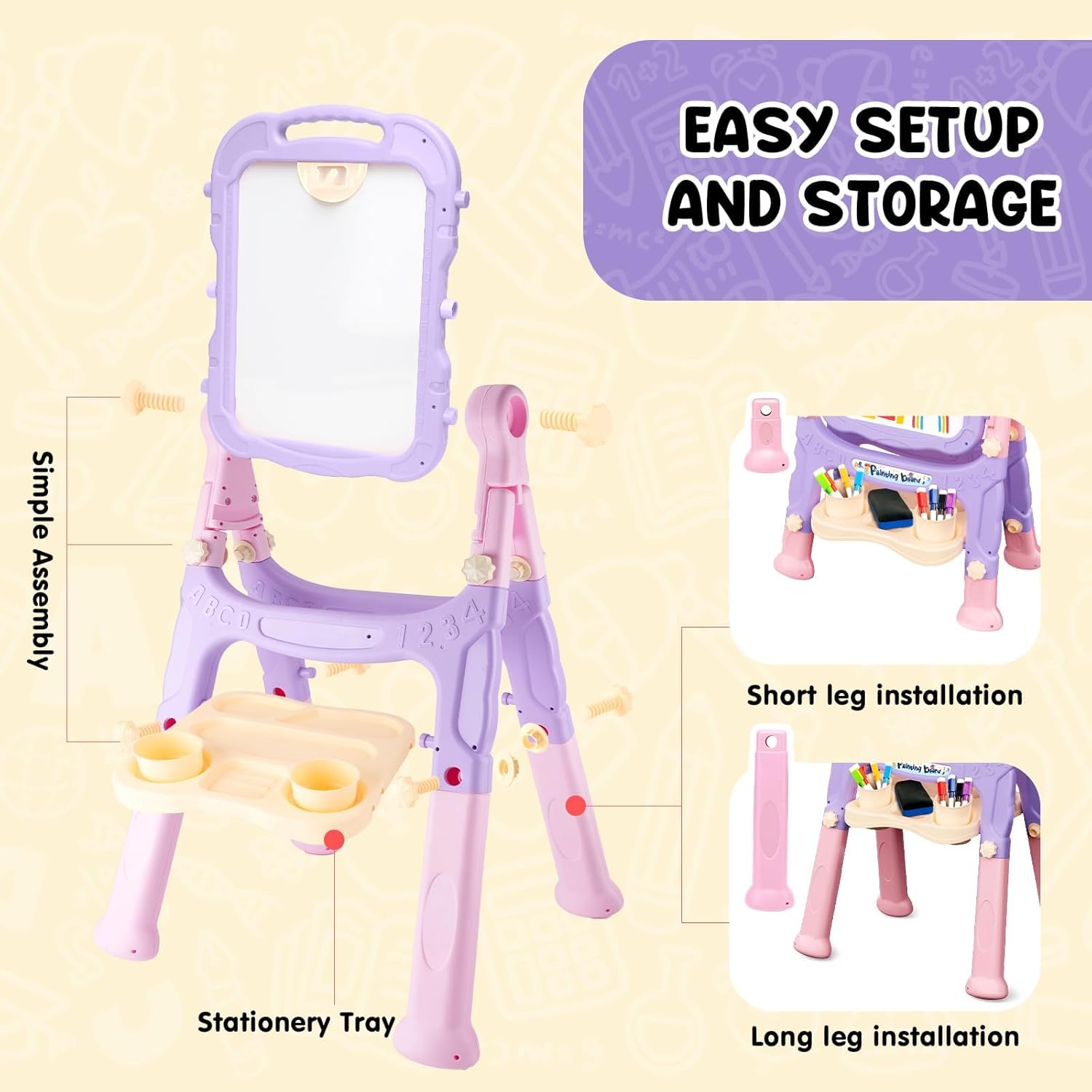 AuntyFey Art Easel for Kids, Adjustable Double-Sided with Chalk Board & Magnetic Whiteboard for Toddlers, Pink&Purple