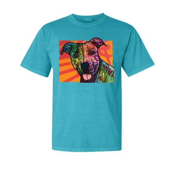 Wild Bobby,Cute Smiling Neon Pitbull Dog Breed Dog Lover Garment-Dyed Washed Look Short Sleeve Tees, Blue Lagoon, Small