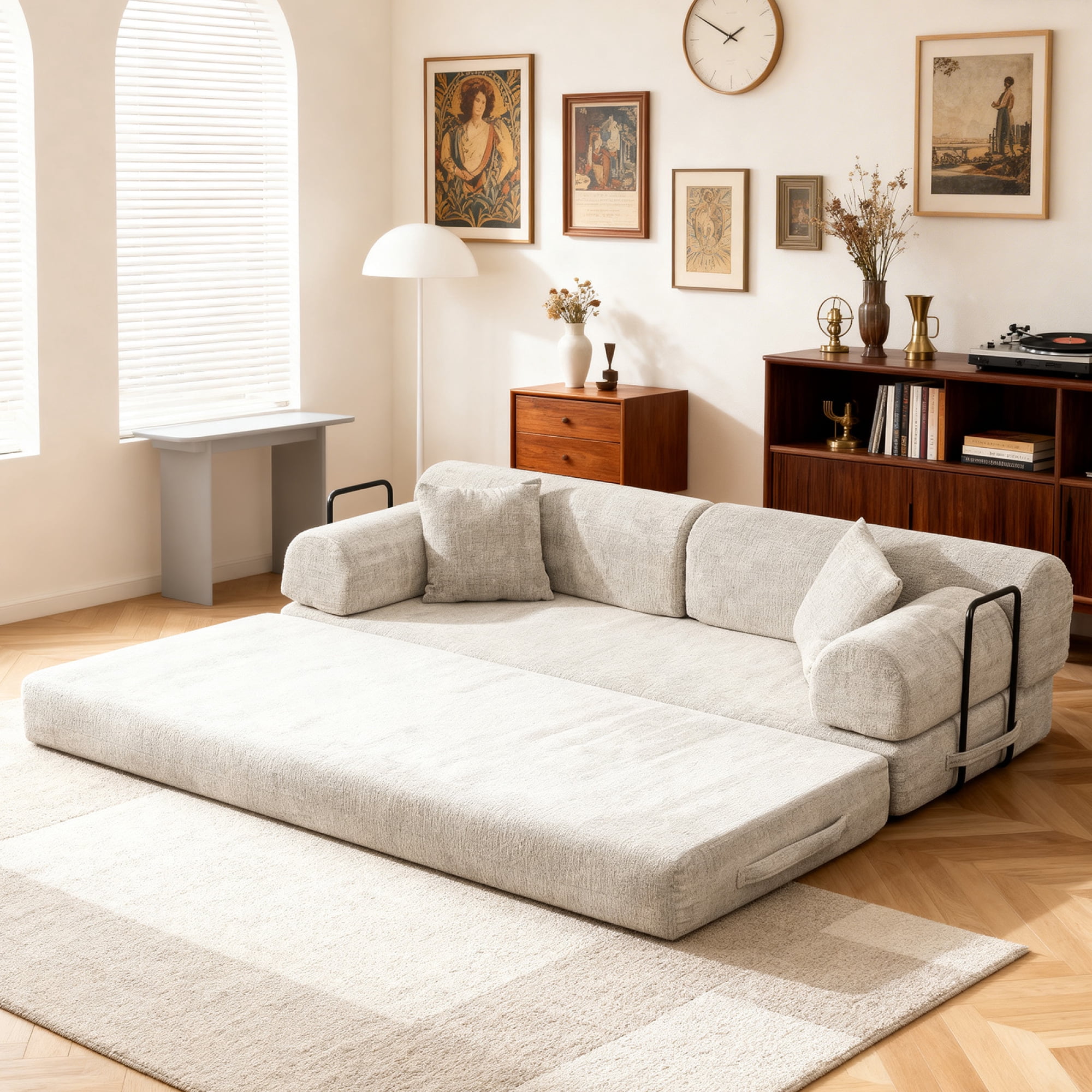 Leumius 78" Convertible Sleeper Sofa Bed,Folding Mattress Couch with Fixed-Shape Frame,Floor Sofa Lounge Couch for Living Room Bedroom,Light Camel
