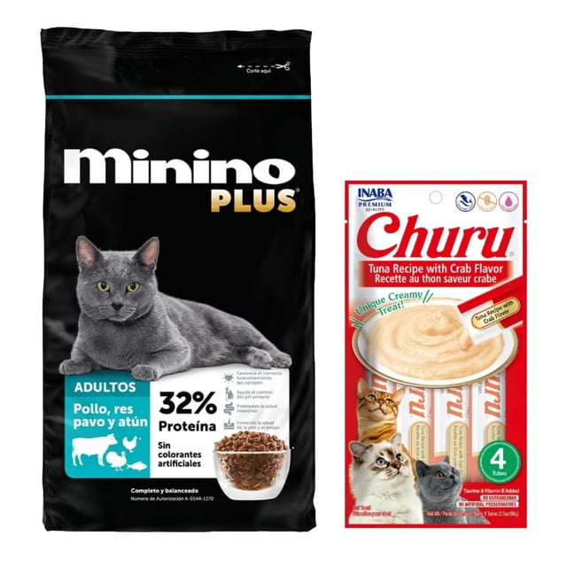 Minino Plus 10 Kg + Churu Atún con Cangrejo Sobre con 4 Tubos