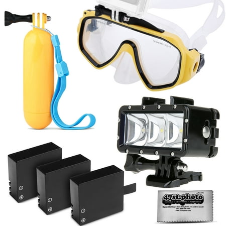 Opteka Scuba Diving Mask + Floating Hand Grip + Waterproof LED Light + 3 Extra Battery for GoPro HERO4, HERO3, HERO2 Black, Silver, Session, SJ6000, SJ4000 and Similar Action
