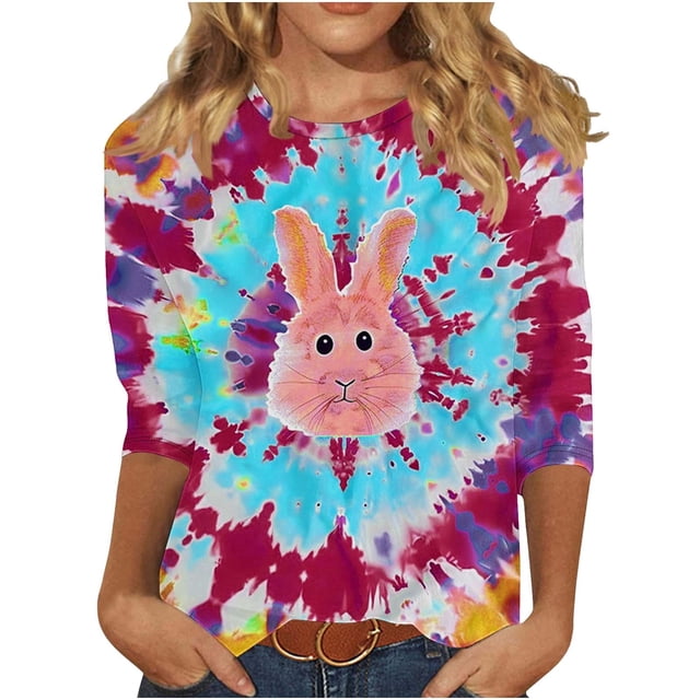 Liquidation d'Été Staron Hauts d'Été pour Femmes T-Shirts Basiques de Pâques Blouses à Col Rond Tendance Graphiques d'Été Manches 3/4 Mode Décontractée T-Shirts