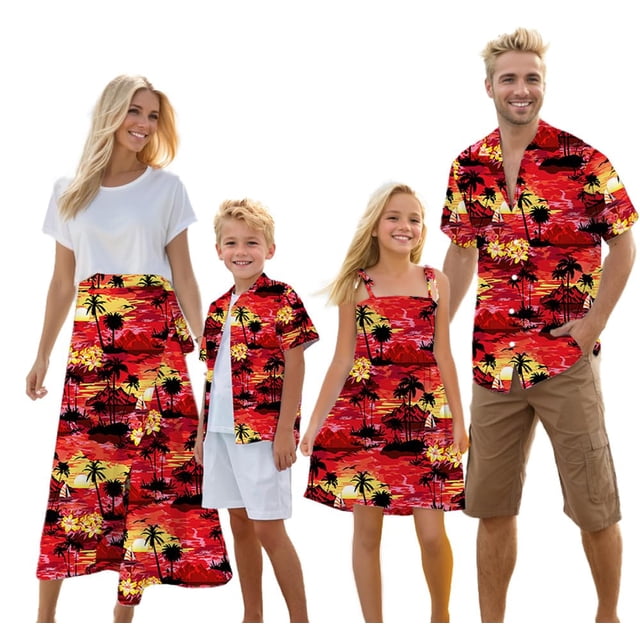 Trajes hawaianos a juego Cromoncent para papá e hijo, rojo
