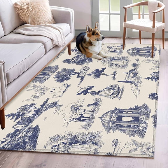 Rectangle Area Rugs 2.7 x 5 Ft, Farmhouse Country Non-Slip Residential Carpet, Vintage Blue French Garden Horse Swan Indoor Crawling Mats Runner Rugs for Living Room/Dining Room/Bedroom