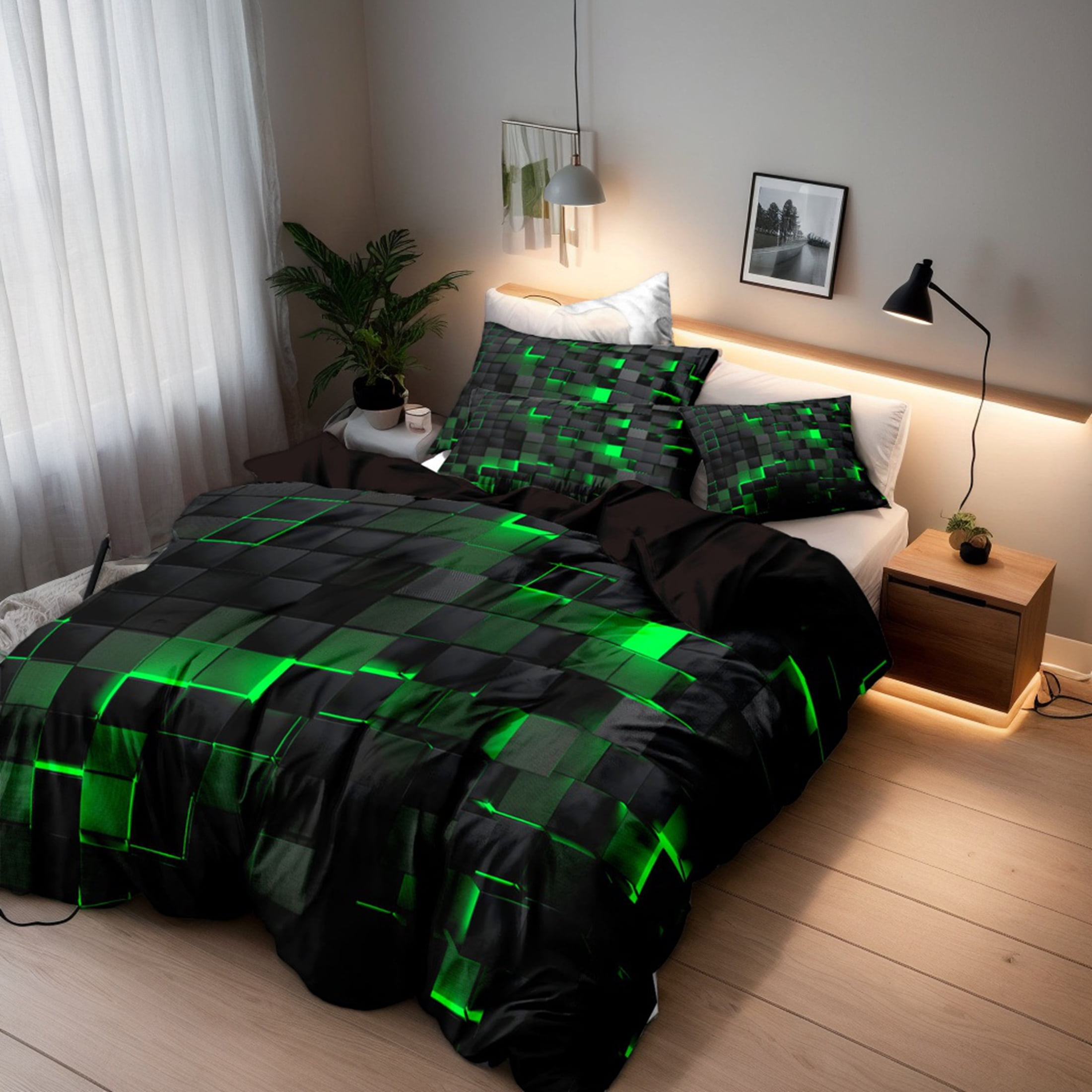 Orylavena Green Black 3D Block Microfiber Duvet Cover Set, Black Back, Twin/Full/Queen/King