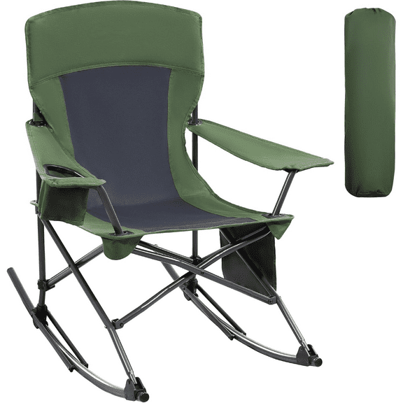 Folding Camping Rocking Chair Portable Outdoor Rocker High Back Cup Holder Side Pocket Carry Bag Included, Support 300 lbs