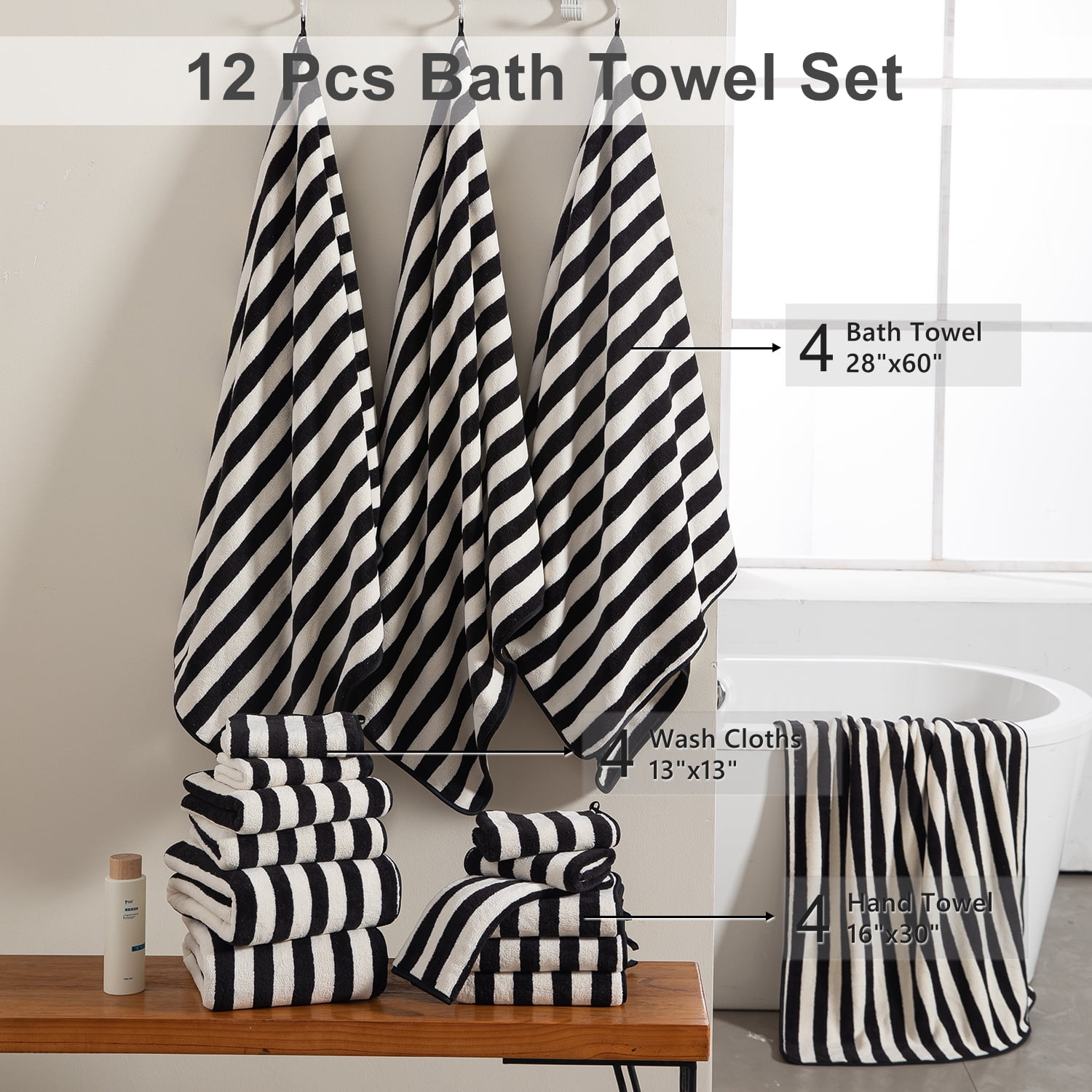 Smuge 12 Pcs Stripe Family Bath Towels Set - 4 Bath Sheet Towels, 4 Hand Towels, 4 Washcloths, Microfiber Soft Shower Towel for Bathroom Gym Spa(Black)
