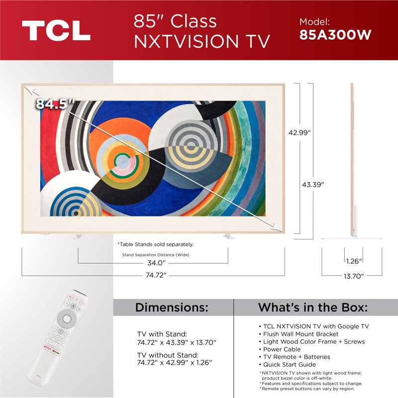 TCL 85" Class NXTVISION TV QLED 4K Smart Google TV and Flush Wall Mount (NEW 2024) - Art TV, Matte Anti-Glare Screen, 120Hz - 85A300W front and back view