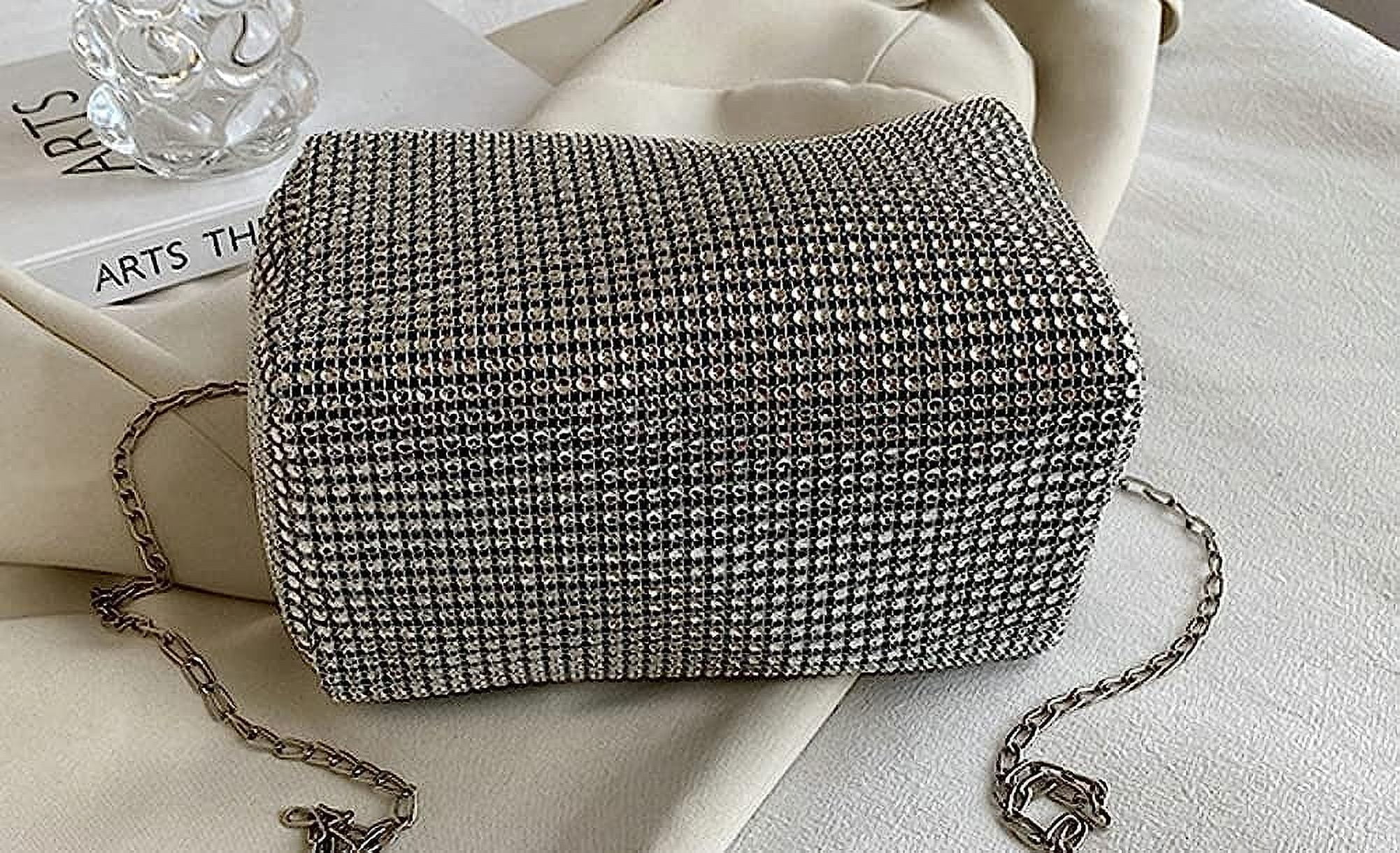 Kukuzhu Rhinestone Clutch for Women Sparkling Chain Evening Handbags Silver Purse Bling Hobo Handbag for Wedding Cocktail Party