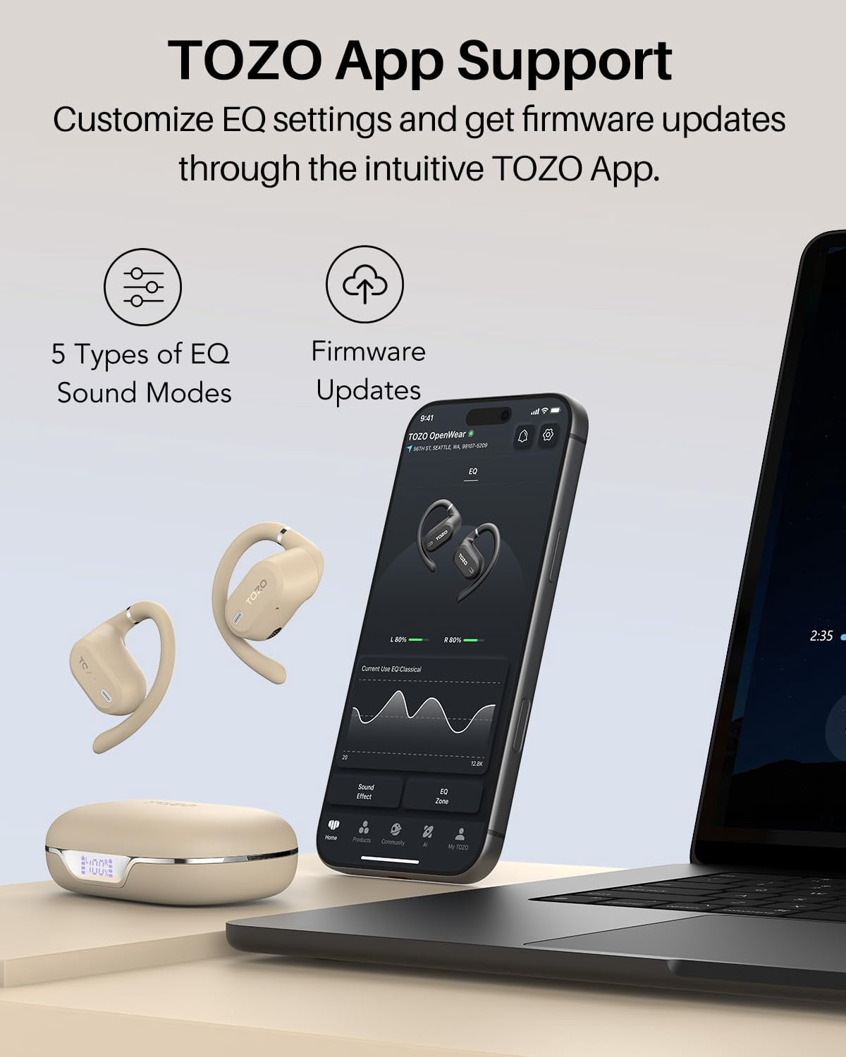 TOZO AI Translation Open Ear Bone Conduction Headphones, 145+ Languages, 60H, Stereo Bass with APP-5EQ, Touch Control, IPX6 Waterproof Lightweight Sports Headphones for Workout Gym, Office